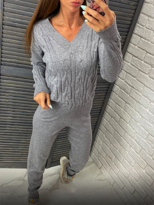 Damen Strickpullover und Jogginghose Set mit Zopfmuster Heidi-Mode