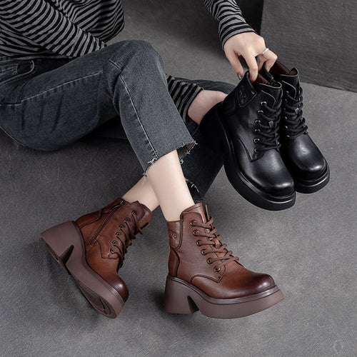 Damen Chunky Leder-Stiefel mit einzigartiger Sohlenstruktur und praktischem Reißverschluss Heidi-Mode