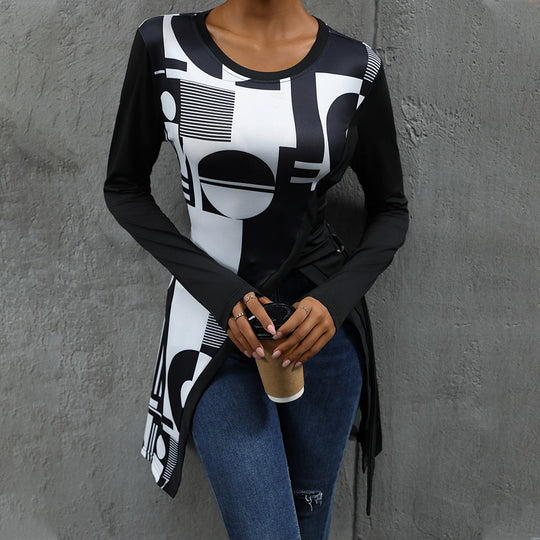 Damen Langarmshirt mit grafischem Muster und asymmetrischem Saum Heidi-Mode