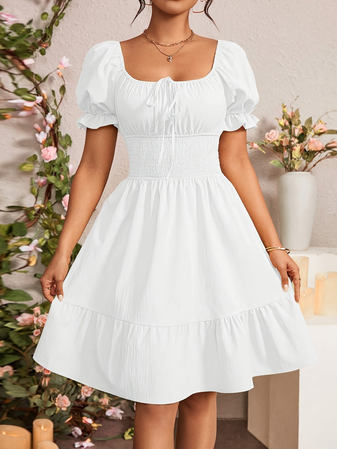Damen Puffärmel Kleid mit elastischem Tailleneinsatz und Rüschensaum Heidi-Mode
