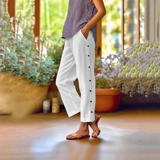 Damen Leichte und luftige Freizeithose mit Knopfdetails Heidi-Mode