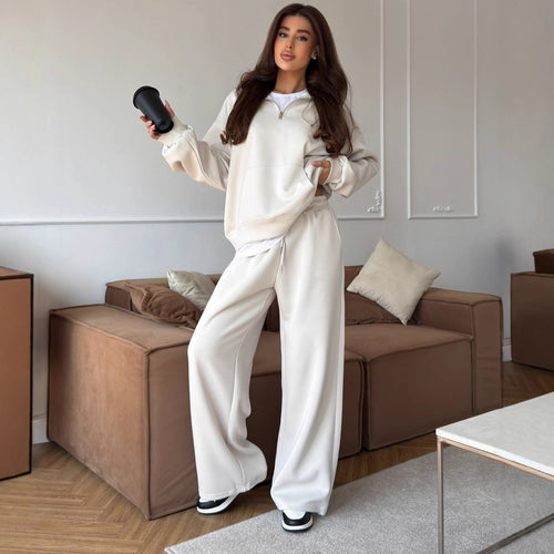 Damen lässiges Fleece-Set mit hochgeschlossenem Reißverschluss und weiten Beinen Heidi-Mode
