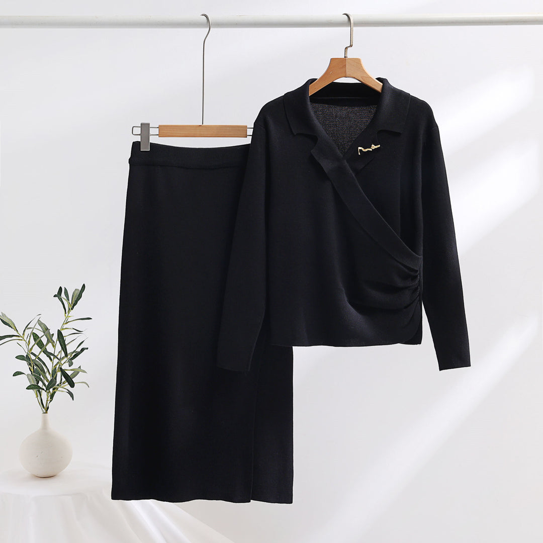 Damen elegantes Strickensemble mit Wickeloberteil und raffinierter hoher Taillierung Heidi-Mode