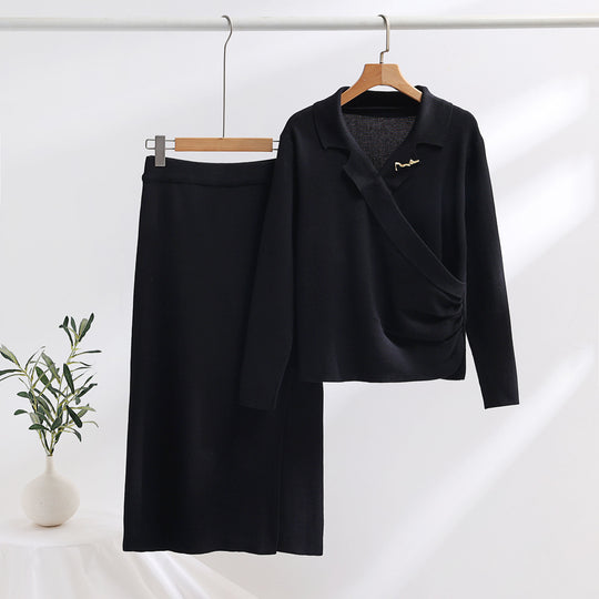 Damen elegantes Strickensemble mit Wickeloberteil und raffinierter hoher Taillierung Heidi-Mode