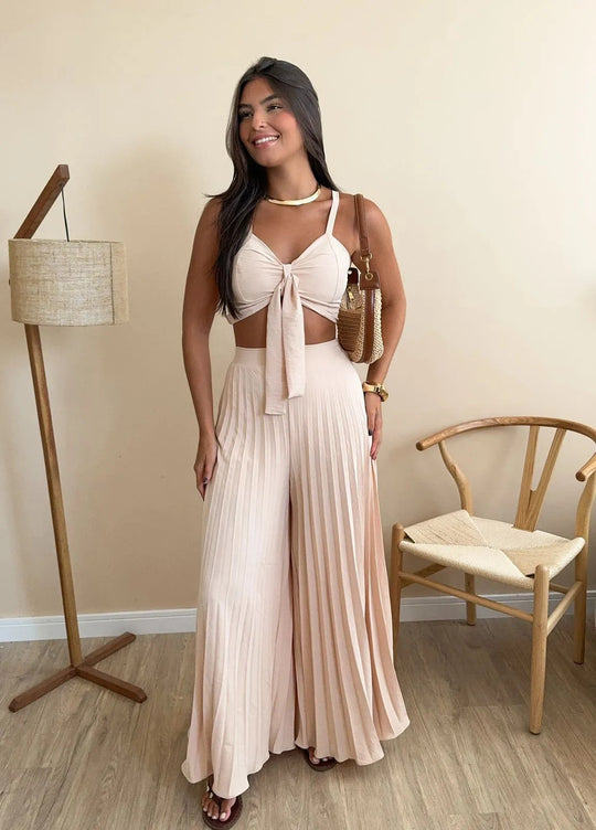 Damen Plissierte weite Hose mit Bindegürtel Heidi-Mode
