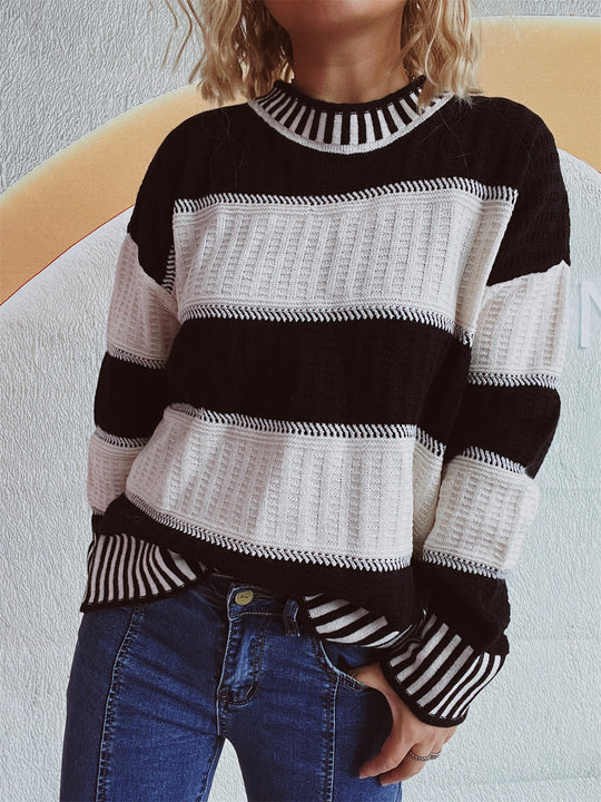 Damen lässiger Strickpullover mit modernem Streifenmuster und warmem Material Heidi-Mode