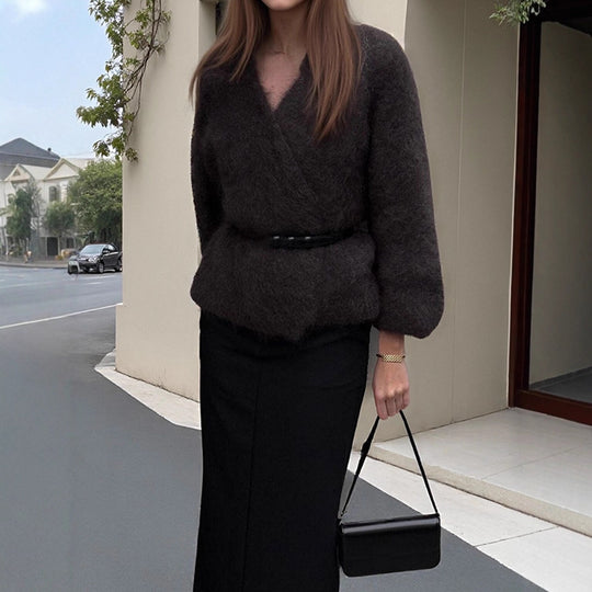 Damen Kuscheliger Pullover mit lässigem Schnitt und tiefem V-Ausschnitt Heidi-Mode