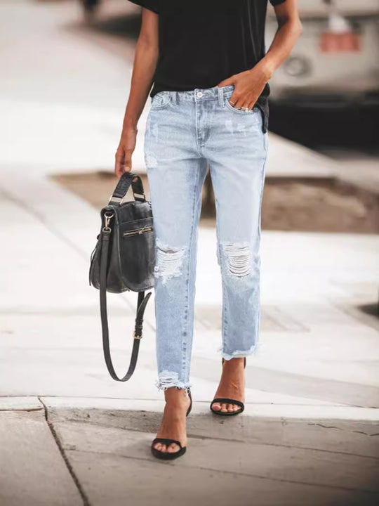 Damen Ripped Denim-Jeans mit lässigem Schnitt und ausgefranstem Saum Heidi-Mode