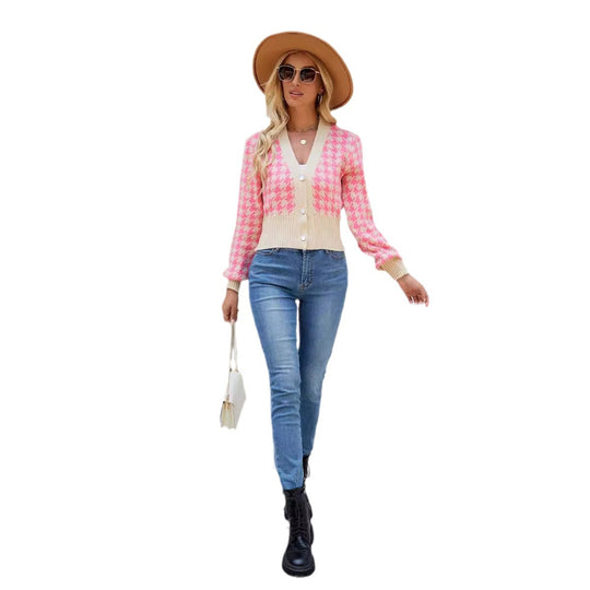 Damen modische Strickjacke mit Schachbrettmuster und Knopfdetails Heidi-Mode
