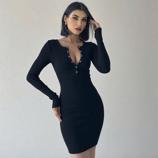 Damen figurbetontes Knit-Kleid mit Knopfleiste und tiefem V-Ausschnitt Heidi-Mode