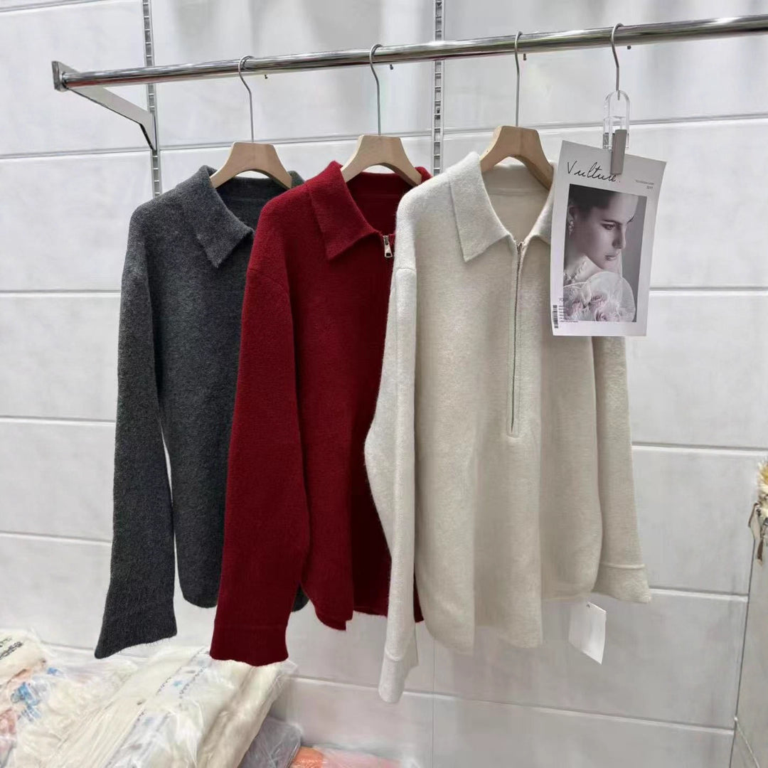 Damen Modischer Pullover mit Reißverschluss und Kragen Heidi-Mode