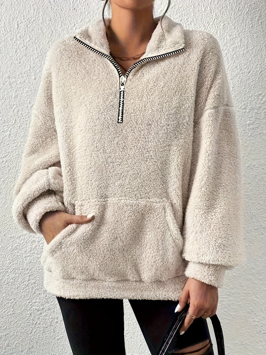 Damen kuscheliger Fleece-Pullover mit halbem Reißverschluss und Seitentaschen Heidi-Mode