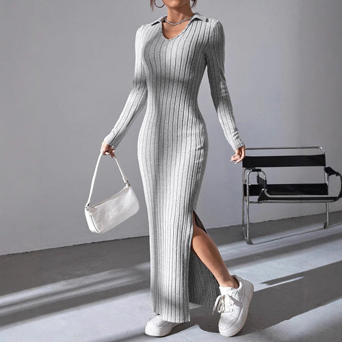 Damen Maxikleid mit strukturiertem V-Ausschnitt und Seitenschlitzen Heidi-Mode