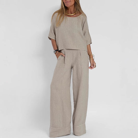 Damen luftiges Leinen-Ensemble mit weitem Schnitt und praktischen Taschen Heidi-Mode