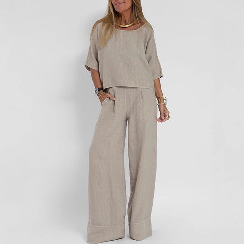 Damen luftiges Leinen-Ensemble mit weitem Schnitt und praktischen Taschen Heidi-Mode
