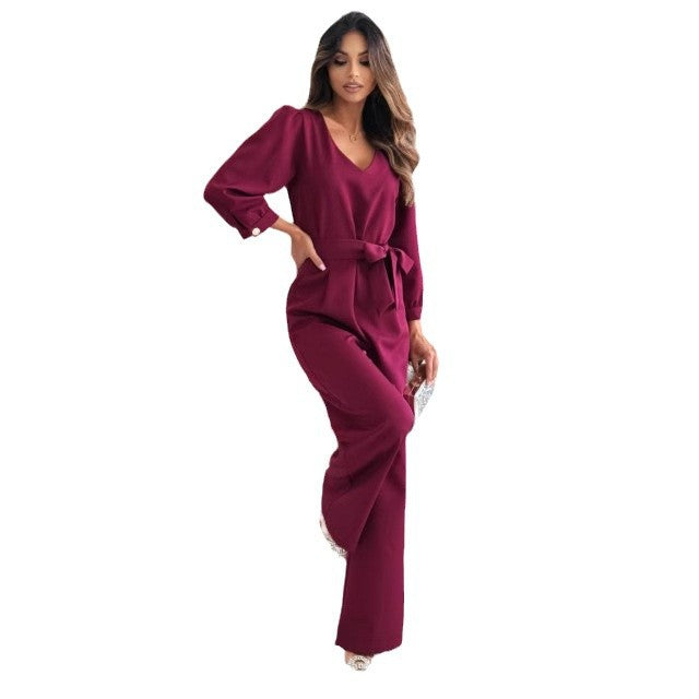 Damen Eleganter Jumpsuit mit taillierbarem Gürtel und V-Ausschnitt Heidi-Mode