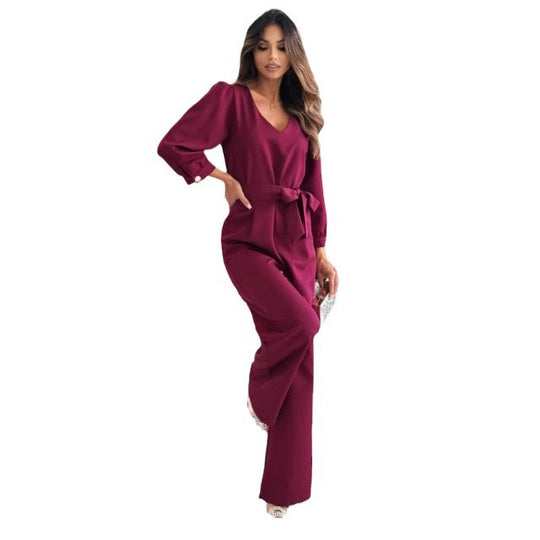 Damen Eleganter Jumpsuit mit taillierbarem Gürtel und V-Ausschnitt Heidi-Mode