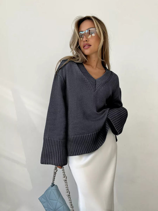 Damen lässiger V-Ausschnitt Pullover mit strukturierter Textur Heidi-Mode