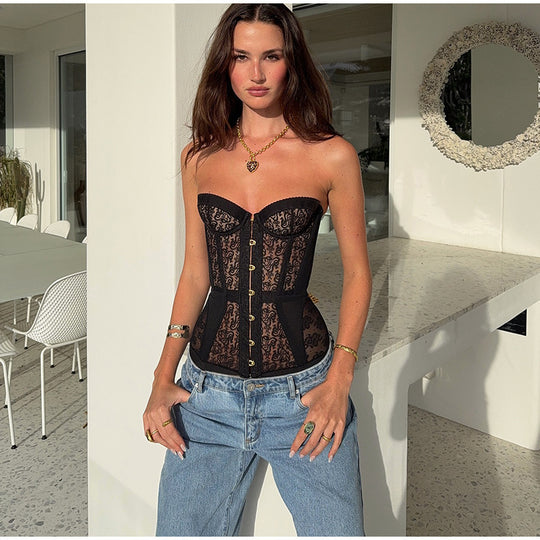 Damen Corsagenoberteil mit floralen Spitzenapplikationen und Knopfverschluss Heidi-Mode