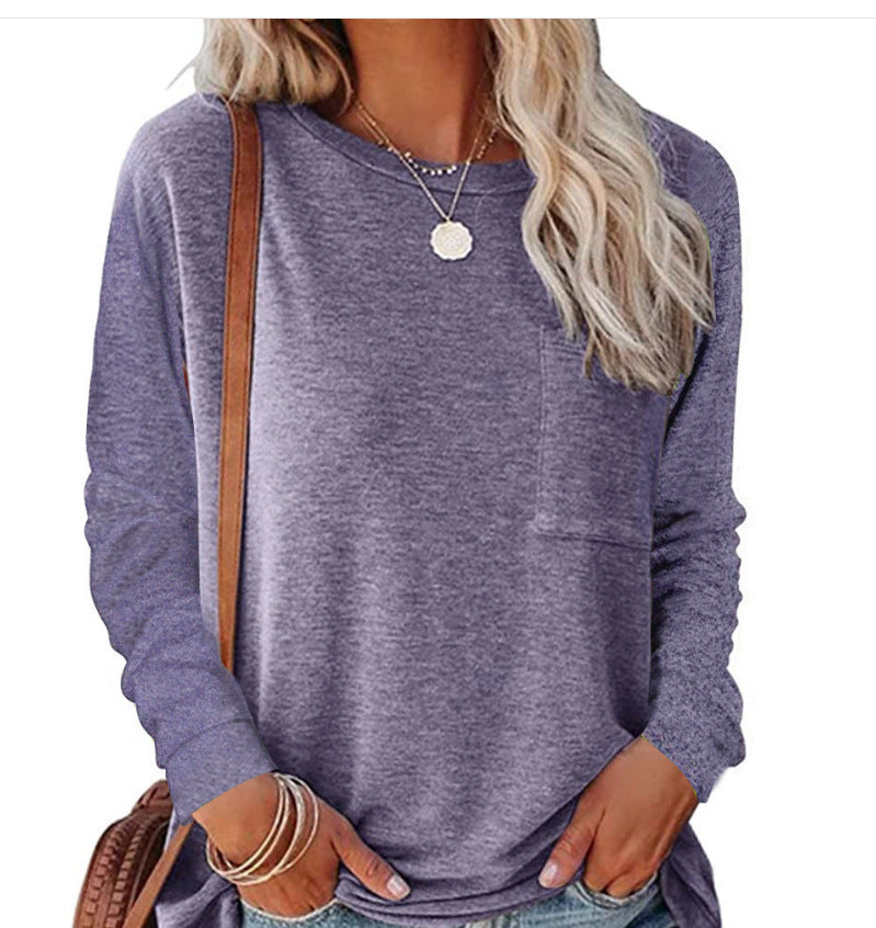 Damen lässiges Langarmshirt mit Taschen und Rundhalsausschnitt Heidi-Mode