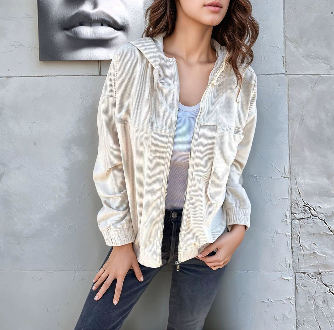 Damen lässige Cordjacke im modernen Stil mit Reißverschluss und praktischem Kragen Heidi-Mode