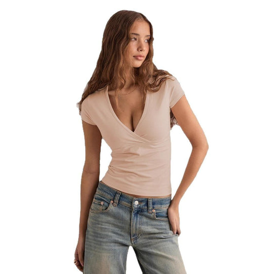 Damen Wickeloberteil mit V-Ausschnitt und figurbetonter Passform Heidi-Mode