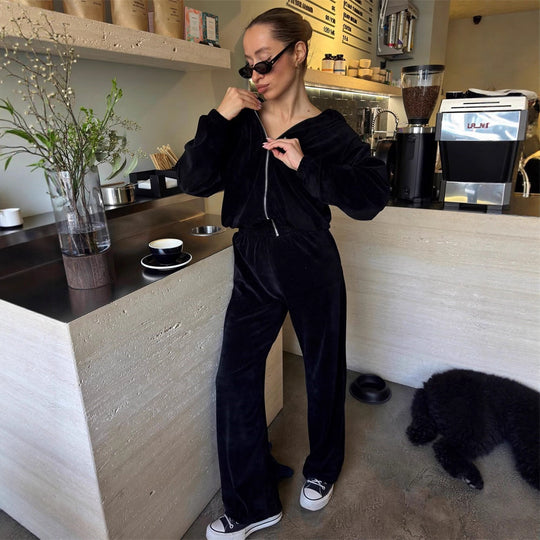 Damen lässiges Crop-Hoodie-Set mit weiten Hosen Heidi-Mode