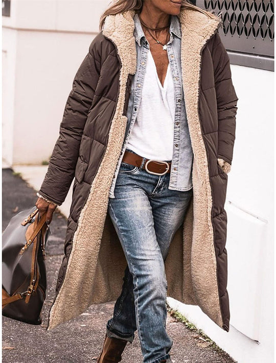 Damen Lange Steppjacke mit kuscheligem Innenfutter und Kapuze Heidi-Mode