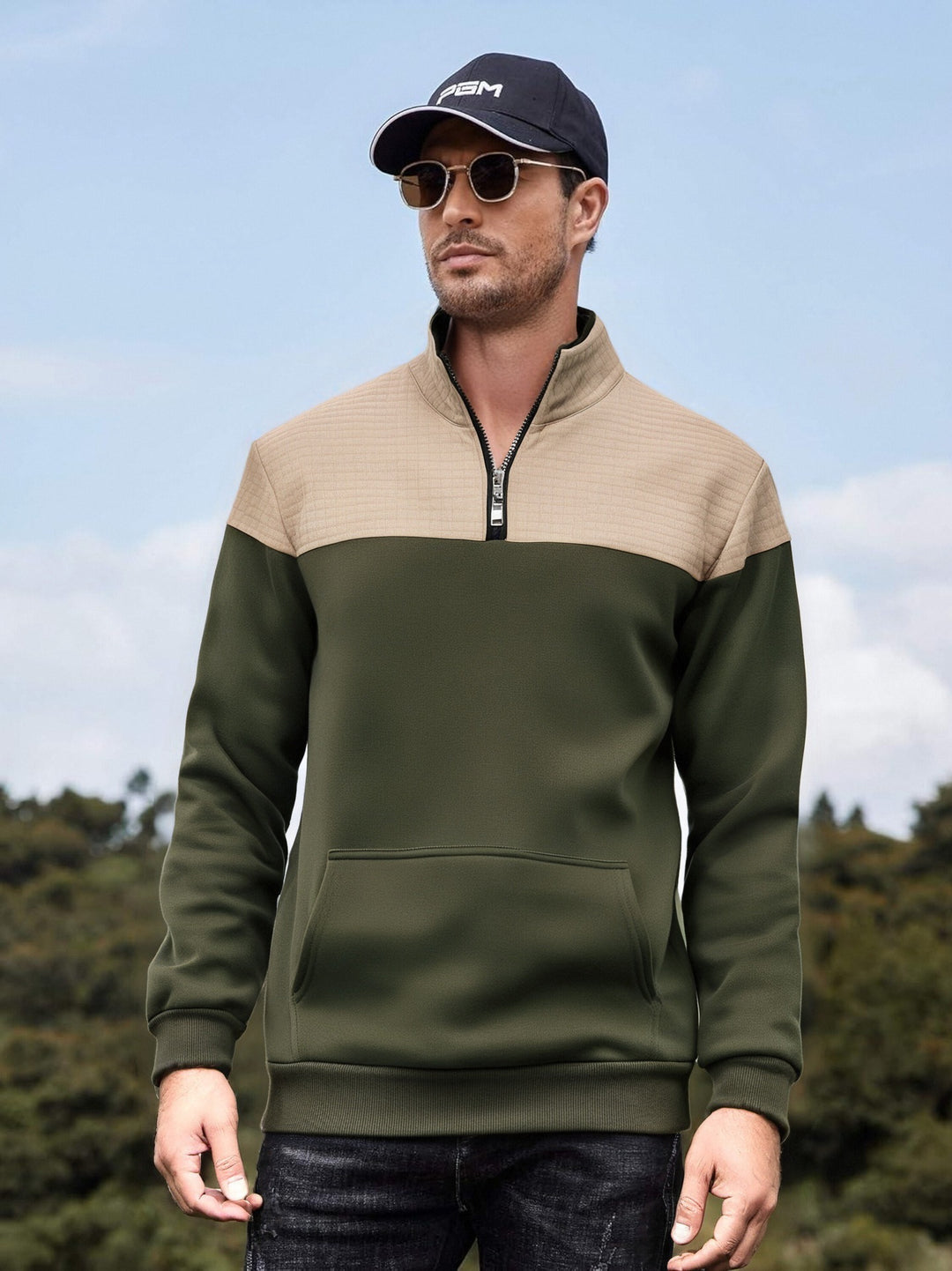Herren funktionale Sweatjacke mit hochschließendem Kragen und praktischer Kängurutasche Heidi-Mode
