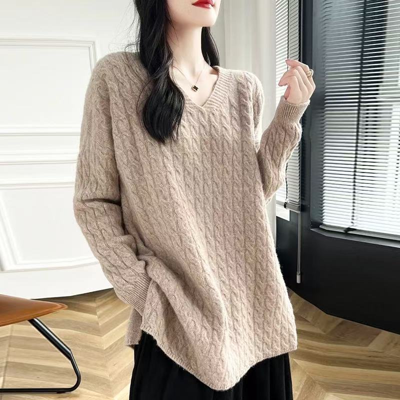 Damen Grobstrickpullover mit V-Ausschnitt und lässigem Schnitt Heidi-Mode