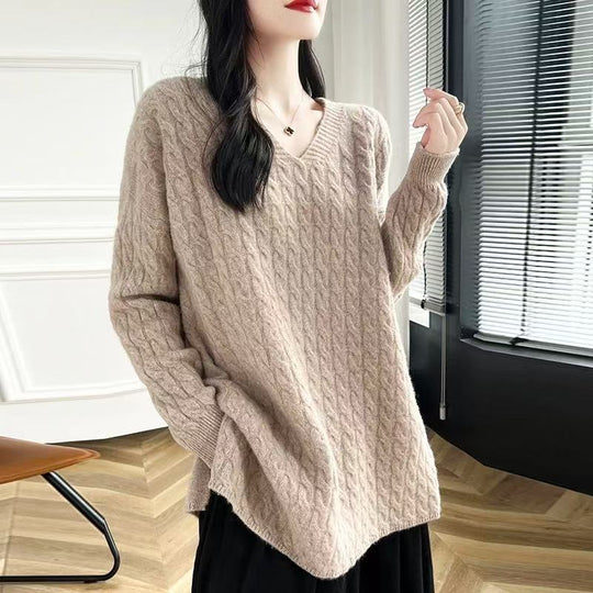 Damen Grobstrickpullover mit V-Ausschnitt und lässigem Schnitt Heidi-Mode