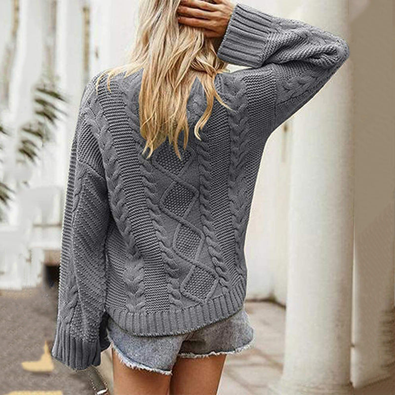 Damen modischer Strickpullover mit eleganten Zopfmustern und leichtem Rollkragen Heidi-Mode