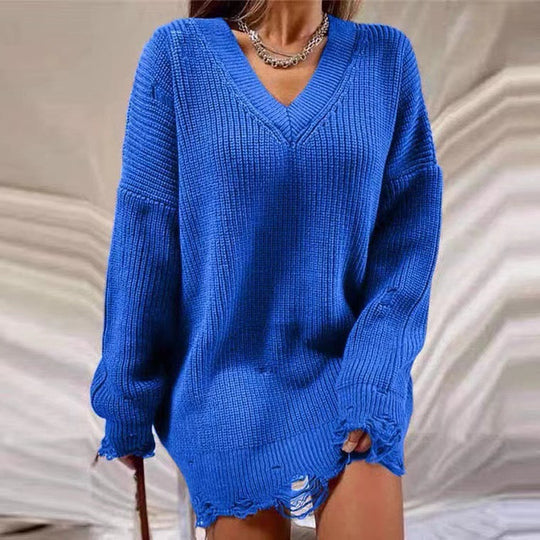 Damen Grobstrick Pullover mit V-Ausschnitt und lässigem Schnitt Heidi-Mode