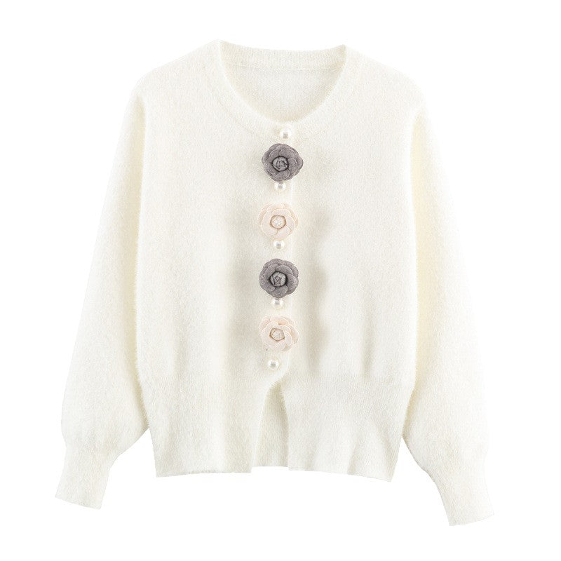 Damen stylische Strickjacke mit einzigartigen Blumenapplikationen Heidi-Mode
