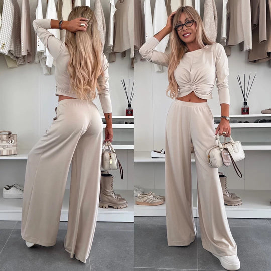 Damen Zweiteiliges Set mit elegantem Knoten-Oberteil und weitem Hose Heidi-Mode