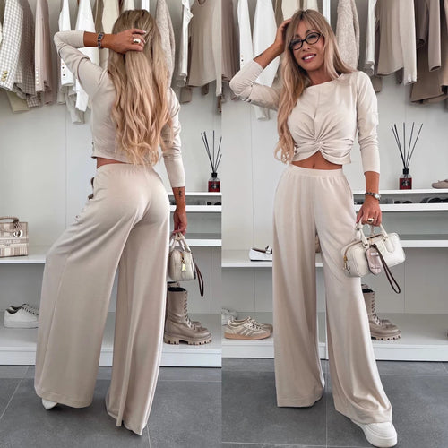 Damen Zweiteiliges Set mit elegantem Knoten-Oberteil und weitem Hose Heidi-Mode