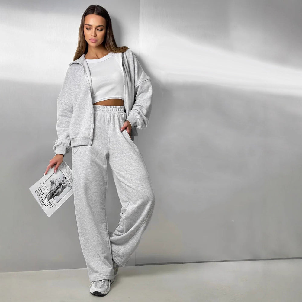 Damen sportlicher Zip-Hoodie- und weite Jogginghose-Set Heidi-Mode