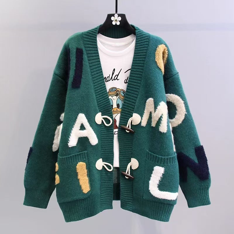 Damen Grobstrick-Cardigan mit bunten Applikationen und großen Taschen Heidi-Mode