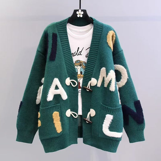 Damen Grobstrick-Cardigan mit bunten Applikationen und großen Taschen Heidi-Mode