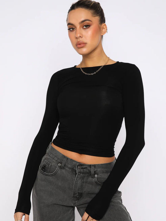 Damen modisches Langarm-Crop-Top mit Raffung Heidi-Mode