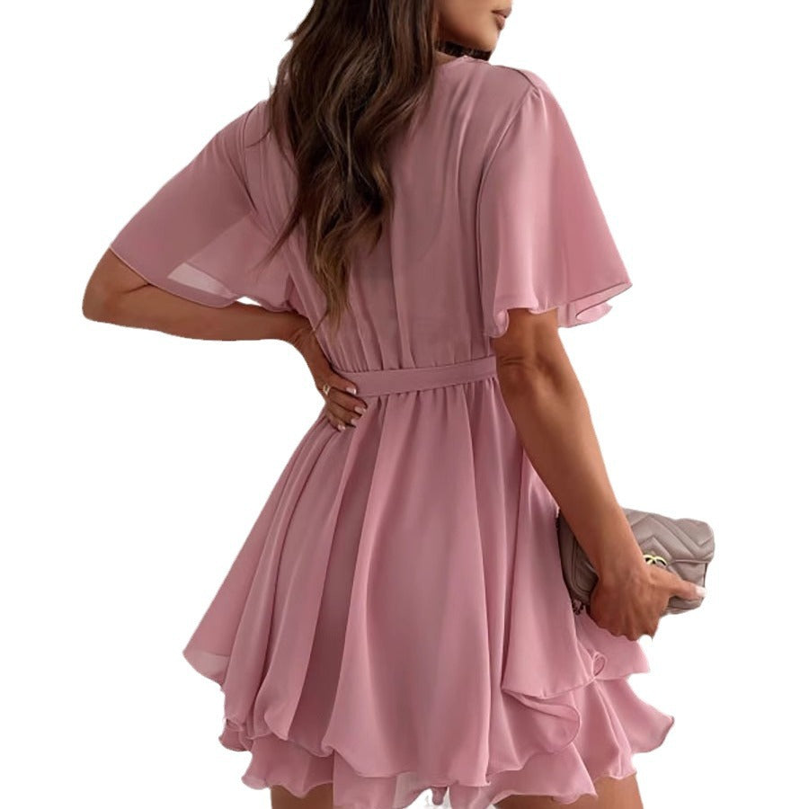 Damen luftiges Wickelkleid mit V-Ausschnitt und schwingendem Rock Heidi-Mode