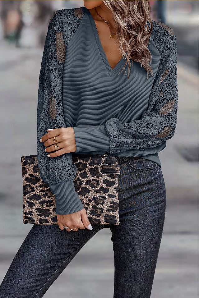Damen V-Ausschnitt Pullover mit Spitzen-Details Heidi-Mode