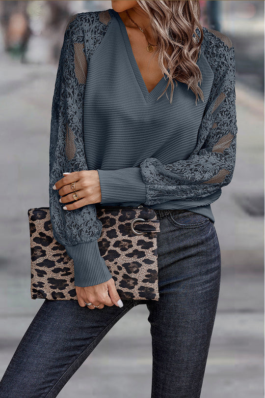 Damen V-Ausschnitt Pullover mit Spitzen-Details Heidi-Mode