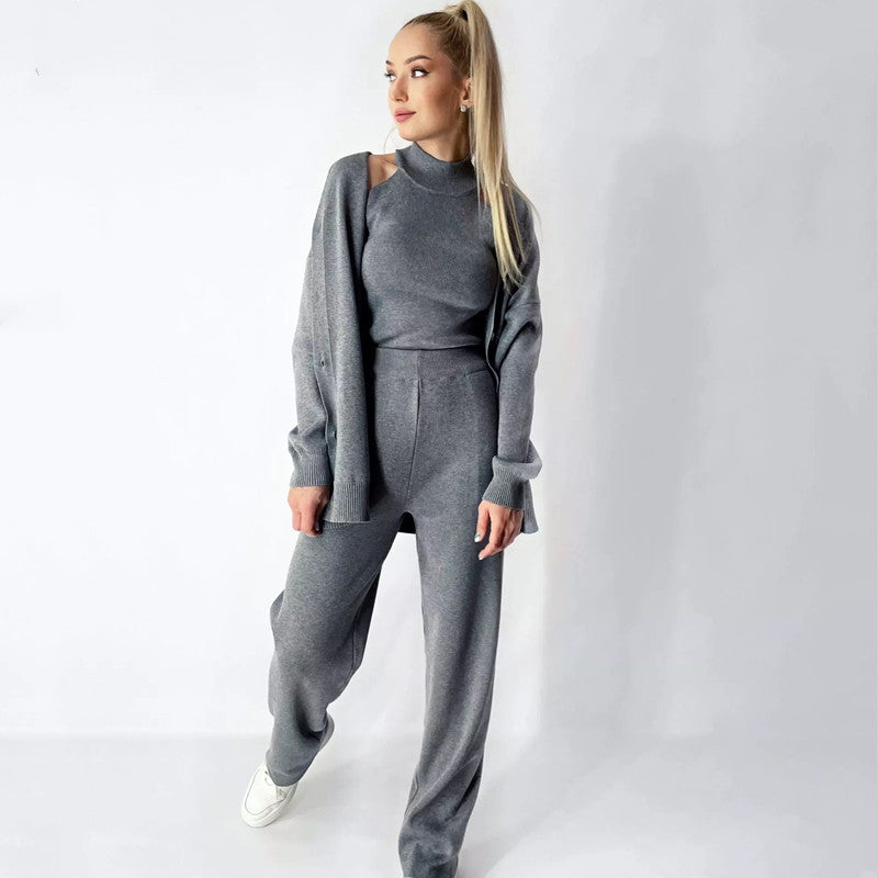 Damen elegantes Strick-Lounge-Set mit hohem Kragen und weiter Passform Heidi-Mode