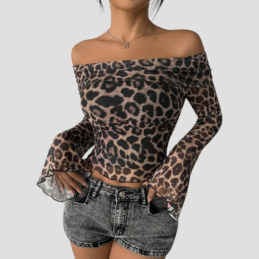Heidi-Mode | Frauen Off Shoulder Leopardprint Mesh Oberteil Flare Ärmel