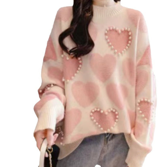 Damen Gemusterter Strickpullover mit Herz-Applikationen und Rippkragen Heidi-Mode