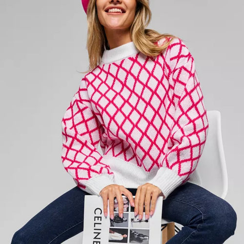 Damen lässiger Pullover mit modernem Rautenmuster und lässigem Schnitt Heidi-Mode