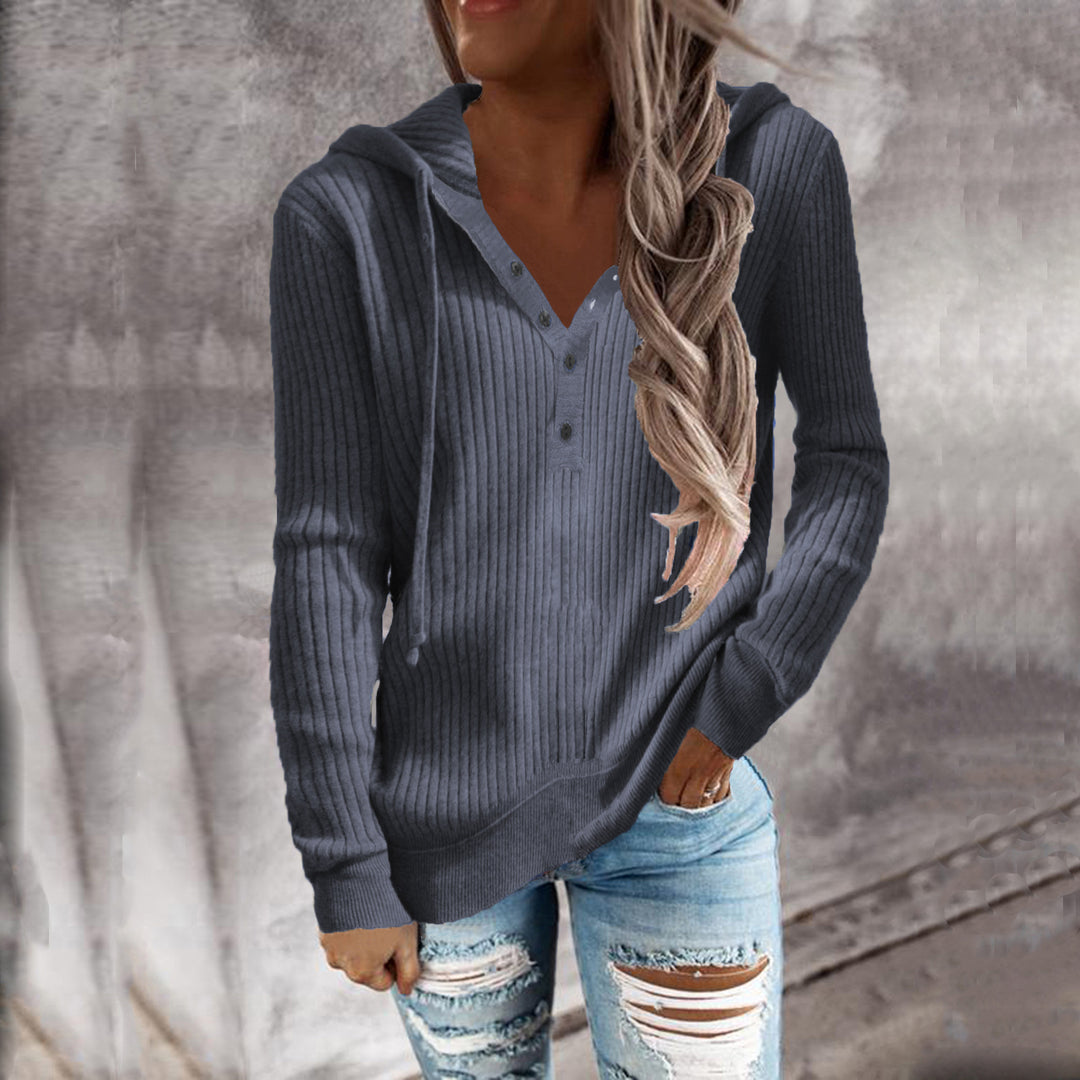 Damen Kapuzenpullover mit feinem Rippstrick und Knopfleiste Heidi-Mode