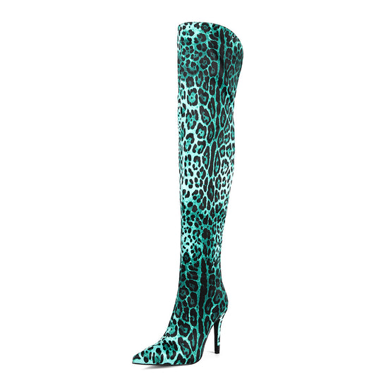 Femme Über-die-Knie Stiletto Stiefel mit auffälligem Tierdruck Heidi-Mode