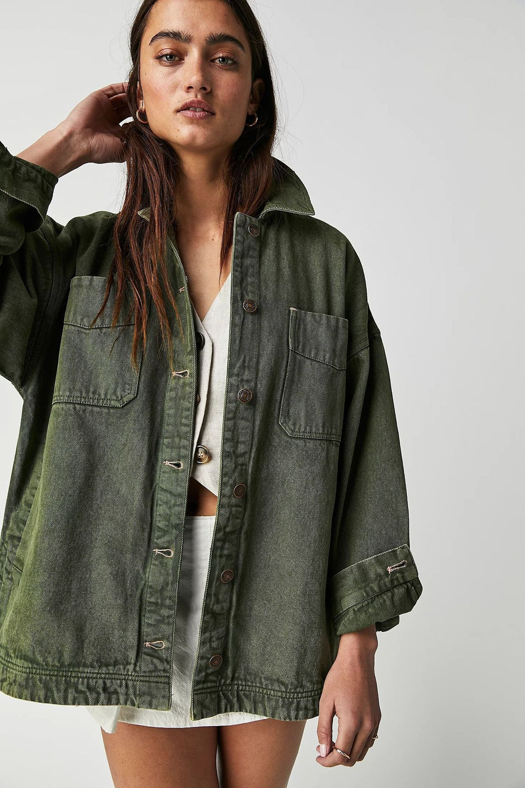 Damen lässige Oversized Jeansjacke mit großen Taschen Heidi-Mode